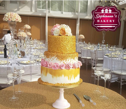 Three tier gold sequin wedding cake